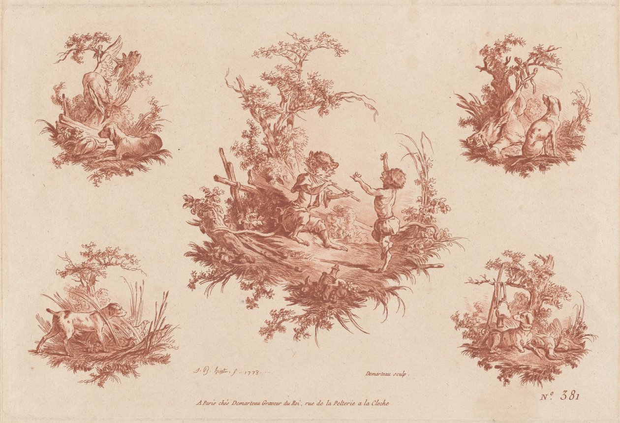 Singerie med fire vignetter af hundejagt af the Elder and Jean Baptiste Hüet Gilles Demarteau