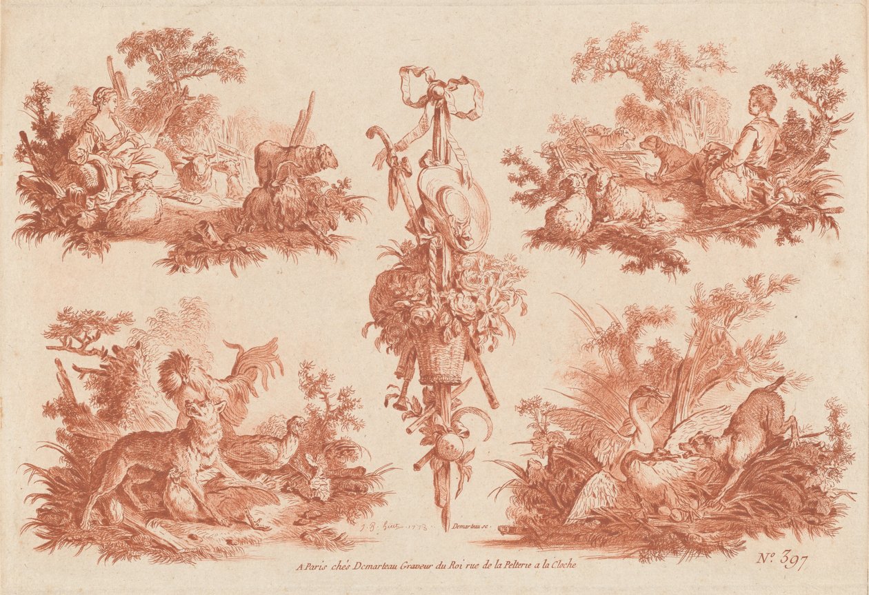 To pastorale vignetter, to jagtvignetter og et trofæ af the Elder and Jean Baptiste Hüet Gilles Demarteau
