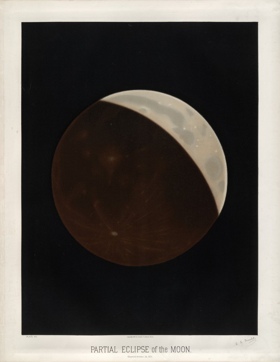 Delvis formørkelse af månen. Observeret den 24. oktober 1874. (Plade VII i Trouvelot Astronomical Drawings 1881) af Étienne Léopold Trouvelot