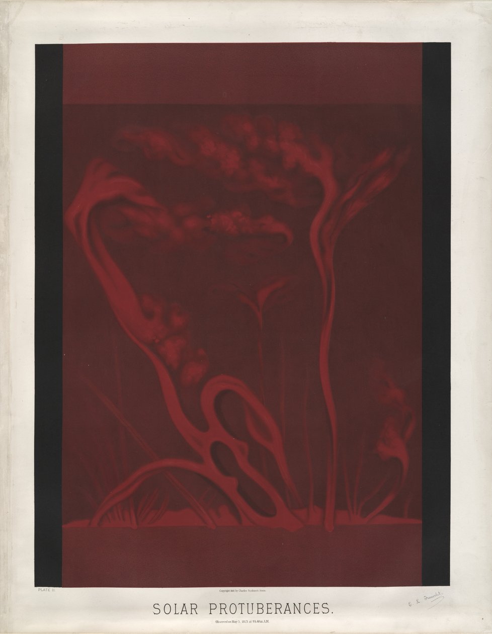 Solafskærmninger. Observeret den 5. maj 1873 ved 9t, 40m. ER. (Plade II fra Trouvelot Astronomical Drawings 1881) af Étienne Léopold Trouvelot