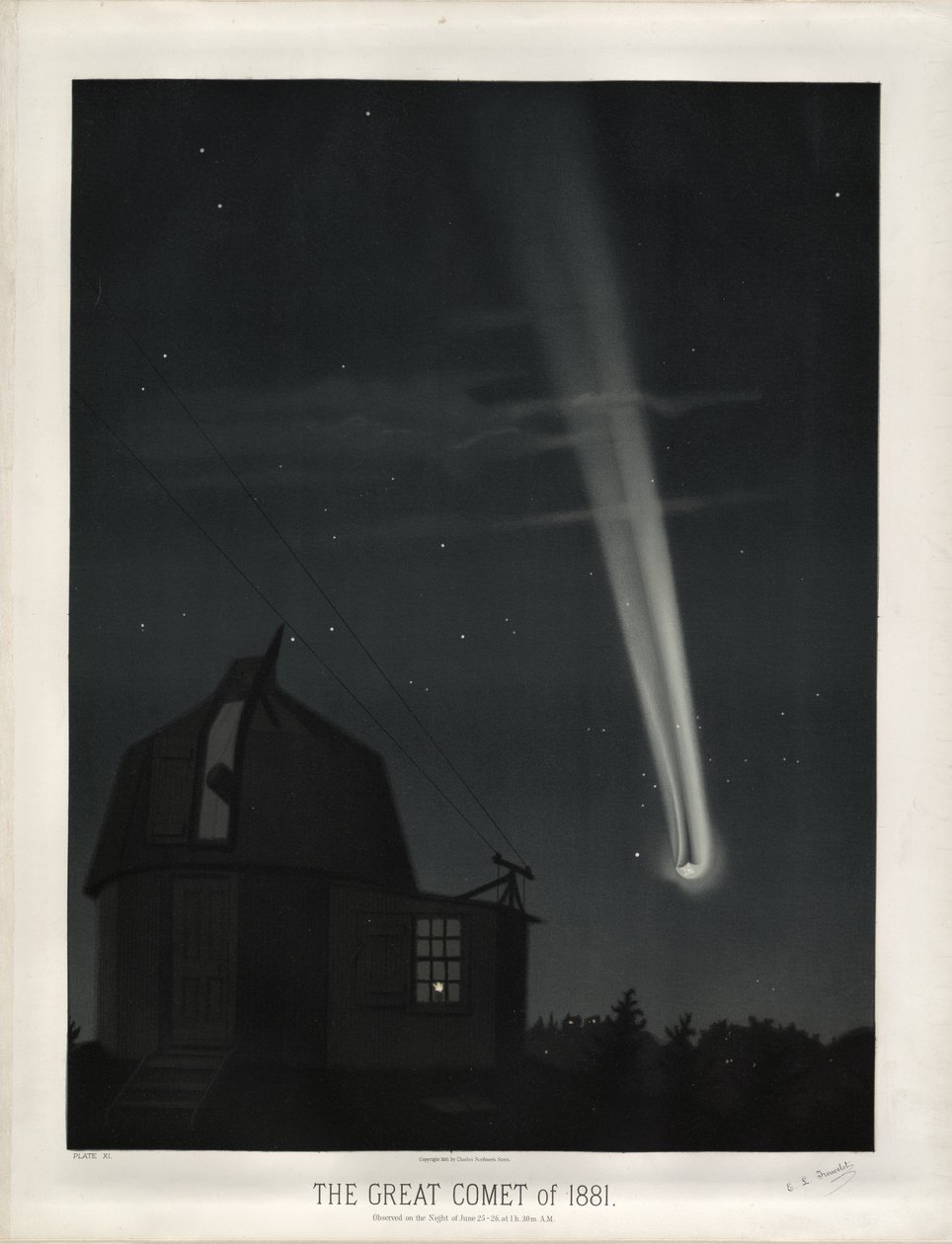 Den store komet fra 1881 (Comet C/1881 K1). Observeret natten til den 25.-26. Juni kl. 1 time. 30m. ER. (Plade XI fra The Trouvelot Astronomical Drawings 1881) af Étienne Léopold Trouvelot