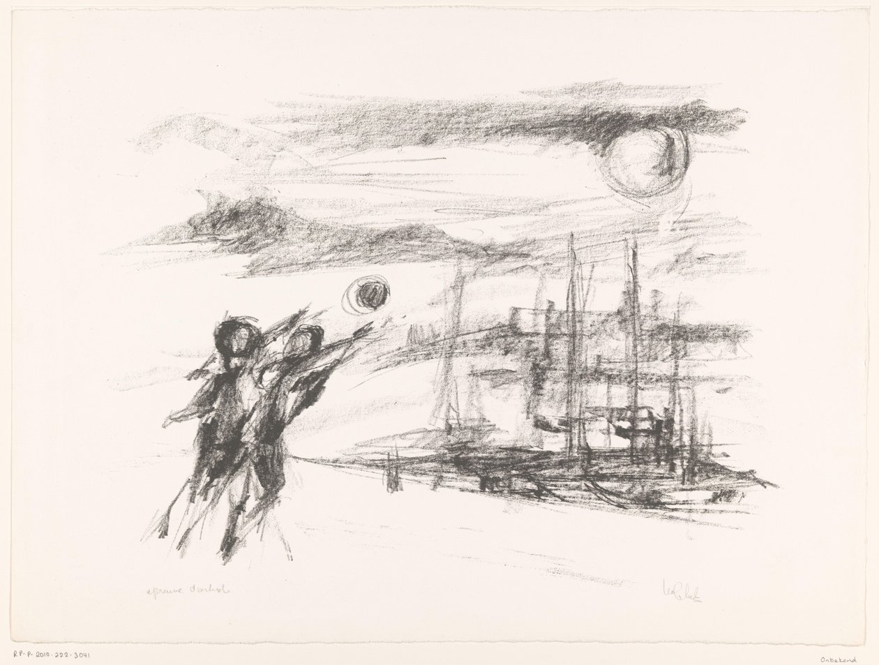 Folk ved kaj med skibe af unknown (signed by artist)