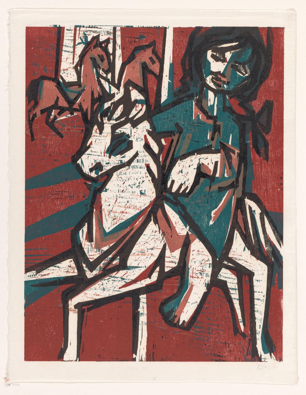 Kvinde til hest foran to andre heste af unknown (signed by artist)