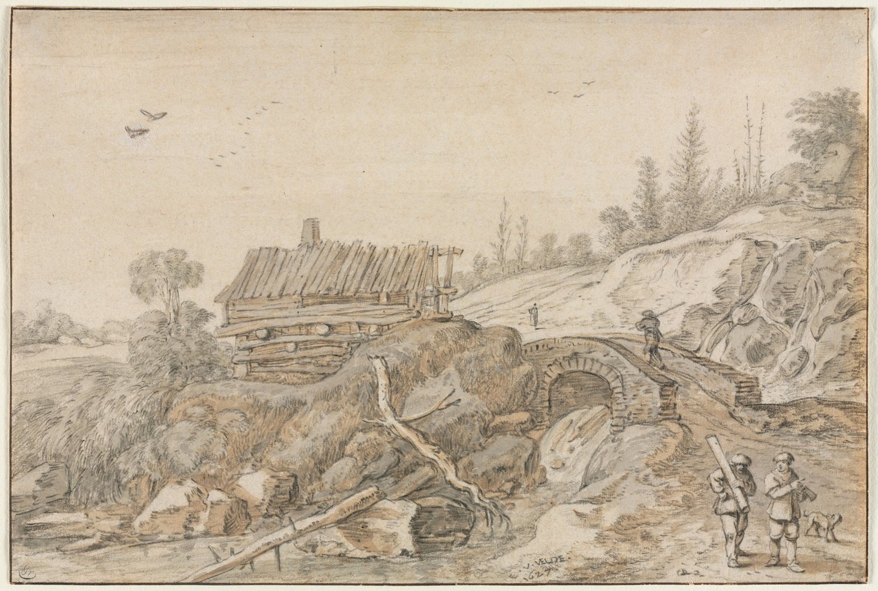 Bakket landskab med hytte ved siden af en å, 1627. af van de Velde Esaias