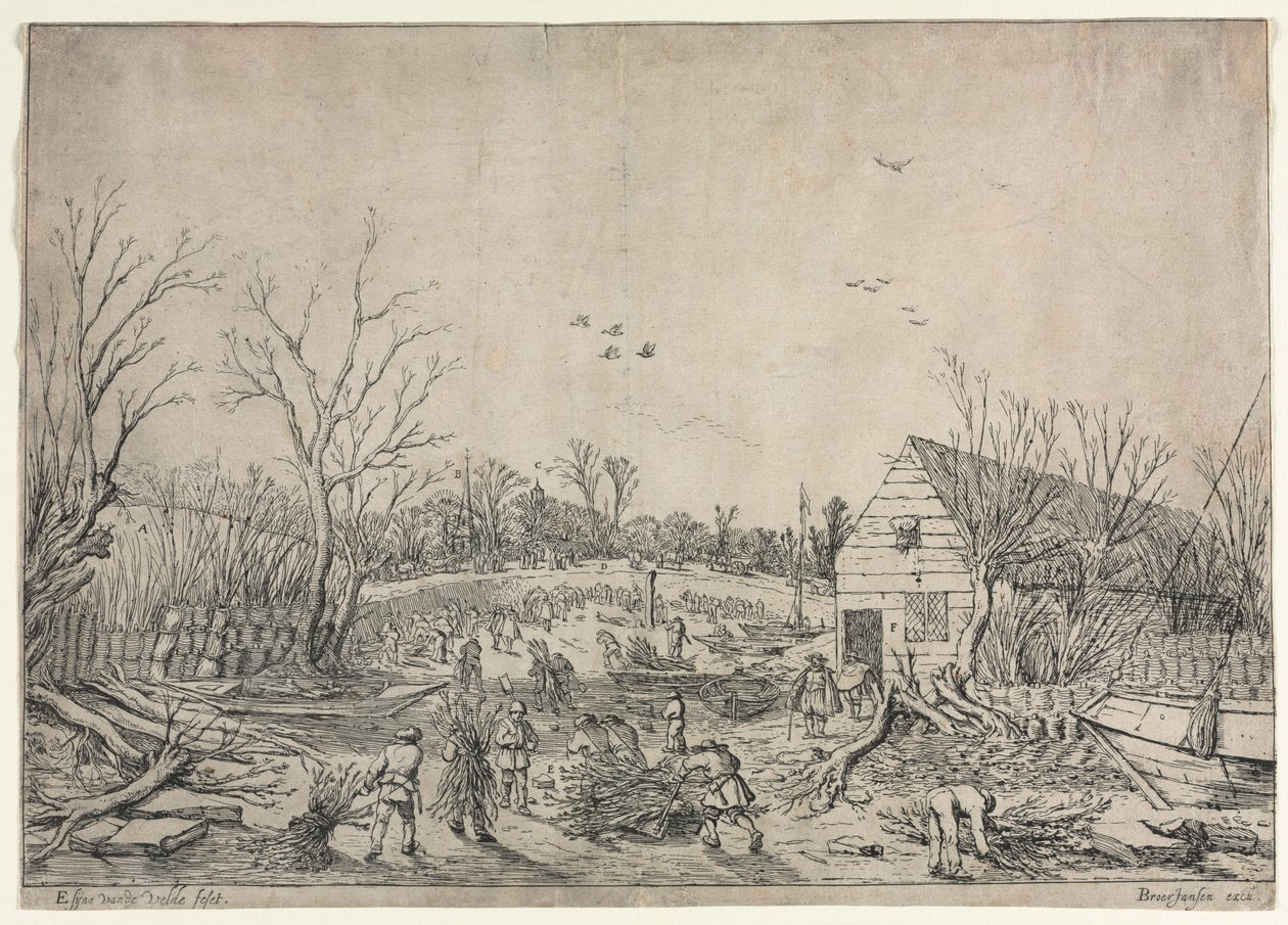 Den store oversvømmelse den 10. januar 1624 eller reparation af det ødelagte dige ved floden Lek af Vianen, 1624. af van de Velde Esaias