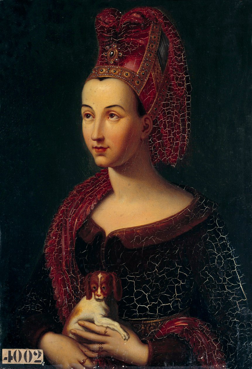 Portræt af Margaret af Flandern, hertuginde af Bourgogne (1350-1405) - Hovedet med en liripion - Maleri af Vincent Nicolas Raverat (1801-1865) (ec.fr.) 1800-tallet søn. 0,43x0,3 m af vincent Nicolas Raverat