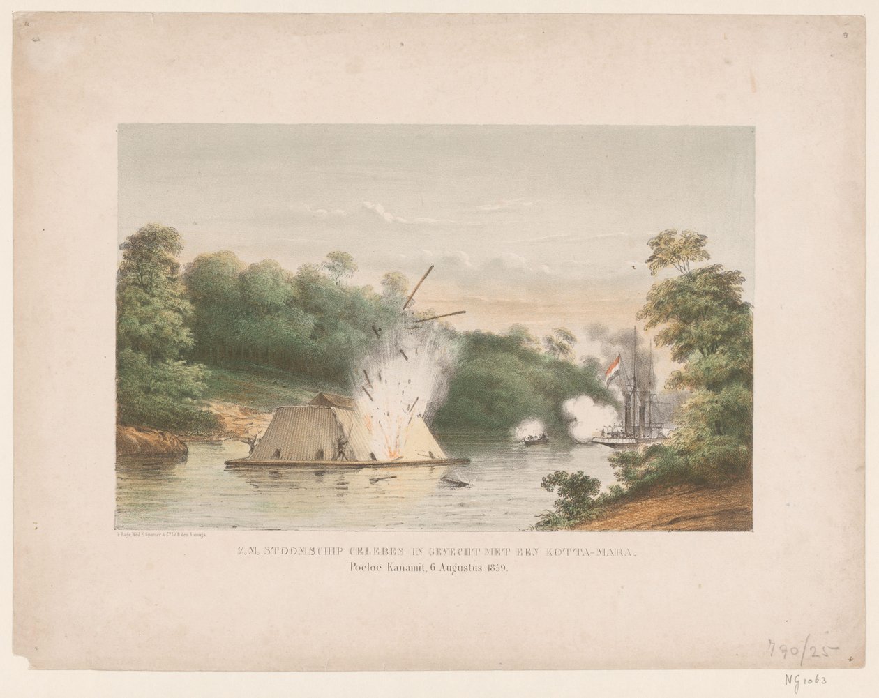 Z.M. Dampskib Celebes i kamp med en kotta-mara. Poeloe Kanamit, 6. august 1859 (titel på objekt) af weduwe Elias Spanier and Zn