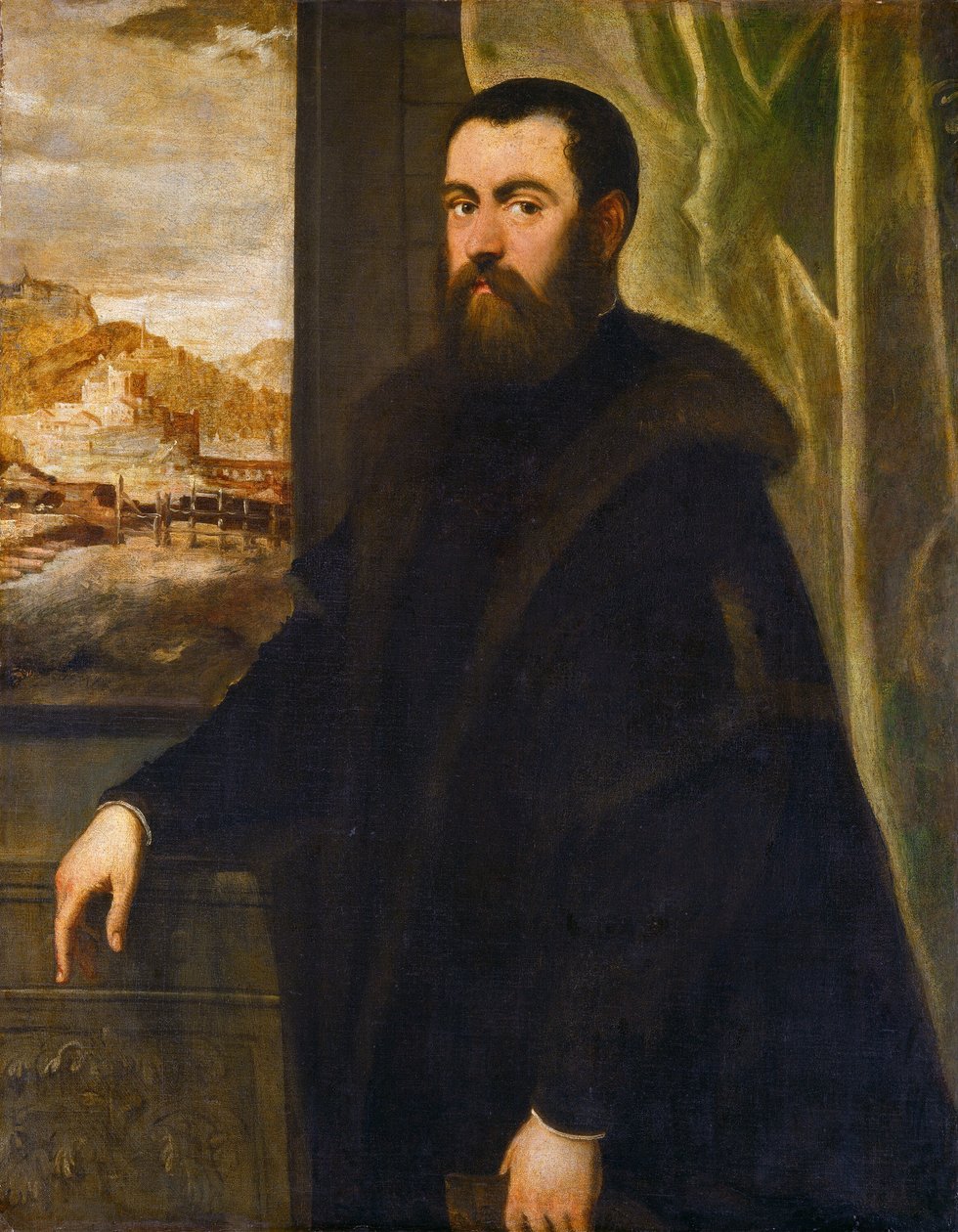 Portræt af en mand med udsigt over landskabet af with landscape by Maarten de Vos Jacopo Tintoretto