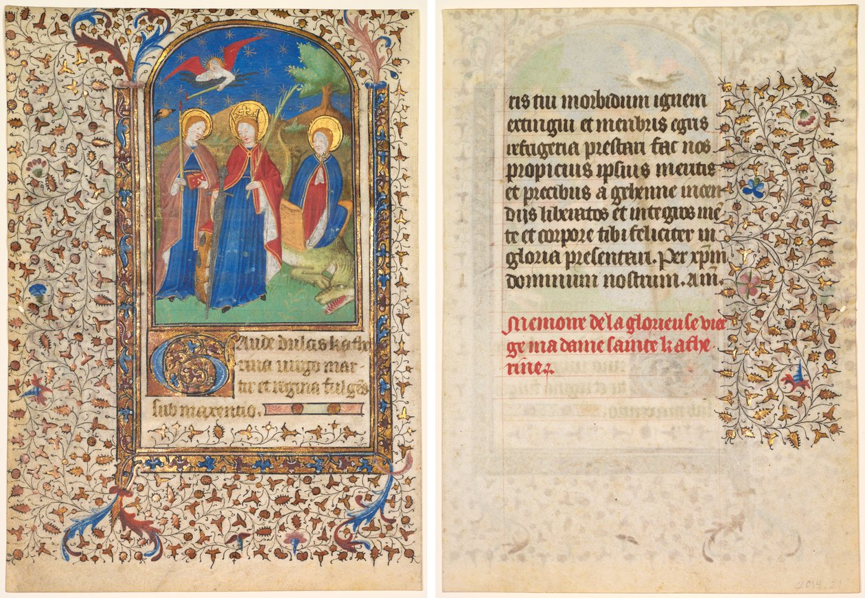 Blad fra en timebog: Sts. Geneviève, Catherine af Alexandria, og Margaret (rekto) og tekst (verso) af workshop of Boucicaut Master