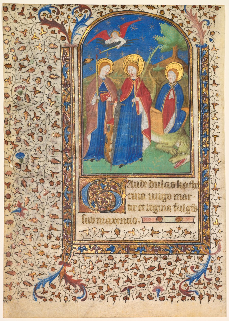 Blad fra en timebog: Sts. Geneviève, Catherine af Alexandria og Margaret (recto) af workshop of Boucicaut Master