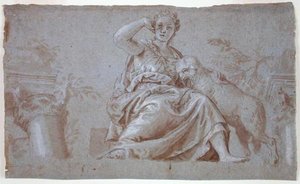 Sagtmodighed (pen og brun vask og kropsfarve på blåt papir) af Veronese