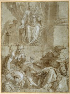 Jomfru og barn på tronen med de hellige Johannes Døberen, ca. 1548 (pen, sort blæk & brun vask på papir) af Veronese