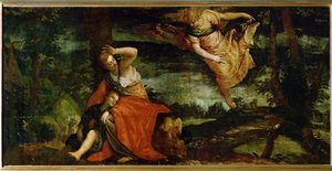 Hagar og Ismael i ørkenen ved Bersheeba, Israel ... (olie på lærred)