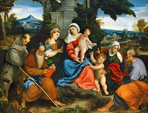 Den hellige familie med de hellige Frans, Antonius, Magdalene, Johannes Døberen og Elizabeth ...