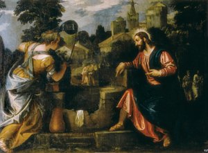 Kristus og den samaritanske kvinde ved brønden. Maleri af Paolo Caliari sagde Paolo Veronese (1528-1588), 1580. Real Monasterio de San Lorenzo de El Escorial. af Veronese