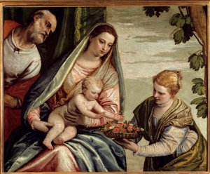 Den hellige familie med en donor (Saint Dorothee) Maleri af Paolo Veronese (1528-1588) 1500-tallet søn. 0,76x0,94 m Bordeaux, Musee des Beaux Arts - Den hellige familie med en donor (Saint-Dorothea). Maleri af Veronese (Paolo Caliari) (1528-1588) af Veronese