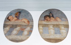 To vingede putti klatrer over en balustrade, rundstykker fra sakristiet (fresco) af Veronese