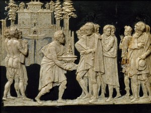 Præsentation til Francesco I af modelfontæne i Pratolino, af Jean de Boulogne aka Giambologna (1529-1608), voksflise af Giambologna