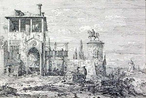 Landskab med et ridemonument (gravering) af Canaletto