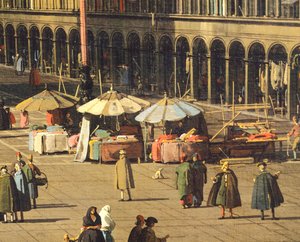 Piazza San Marco (Markuspladsen) fra basilikaen mod kirken San Geminiano og Procuratie Nuove (bygninger af procuratorer), Venedig, af Giovanni Antonio Canal, kendt som Canaletto (1697-1768), Olie på lærred, 68,5x93,5 cm , omkring 1735