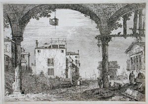 Udsigt gennem en arkade mod kystnære bygninger (radering) af Canaletto