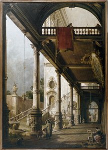 Capriccio med søjlegang og gårdhave (olie på lærred af Canaletto