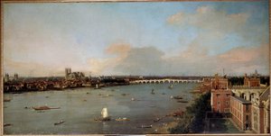 Udsigt over London og Themsen i det 18. århundrede Maleri af Antonio Canal kendt som Canaletto (1697-1768) 18. århundrede - Lobkowicz Samlinger, Lobkowicz Palace, Prag - Dimensioner Højde: 118 cm (46,5 in). Bredde: 238 cm (93,7 tommer)
