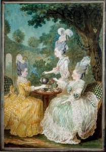 Ladies of Montesson, Crest og Damaskus tager akvarellen af Louis carrogis dit Carmontelle (1717-1806) 1773. Paris, Musee Carnavalet af Carmontelle