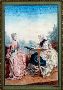 Mademoiselle Melin og Mademoiselle de Laleu laver akvareltæppe af Louis carrogis dit Carmontelle (1717-1806) 1759. Paris, Musee Carnavalet af Carmontelle