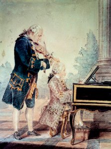 Wolfgang Amadeus Mozart (1756-1791) barn spiller klaver med sin far Leopold”” Akvarel af Louis Carrogis Carmontelle (1717-1806) 1777 Paris, Musee Carnavalet