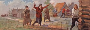 En sovjetisk agronomi-instruktør, der annoncerer sin ankomst til en landsby ved at affyre sin revolver i luften (farve litho) af (after) Carrey