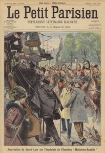 Anholdelse af en mand om bord på en bus i Paris, efter at han havde affyret skud mod en forbipasserende kavaleritrup (farvelitografi) af (after) Carrey