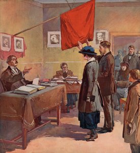 Civil ægteskab foretaget af en provinskommissær i Sovjetrusland under det røde flag (litografi i farver)