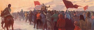 Skare af tilhængere af den russiske revolutionære leder Alexander Kerensky (farve litho)