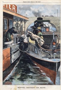 Dødsulykke på Seinen: en ansat i virksomheden des Bateaux Parisiens dør styrtede ned mellem to både nær Charenton-broen. Indgravering i "" Le Petit Parisien"" den 17/02/1901.