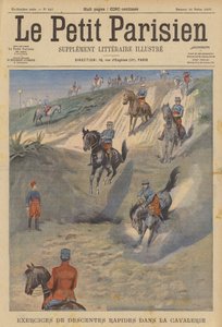 Fransk kavaleri øver sig i hurtige stejle nedstigninger på hesteryg (farve litho) af (after) Carrey
