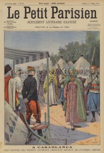 Gidsler fra underkuede marokkanske stammer, der marcherer forbi General Drude ved Casablanca (farve litho)