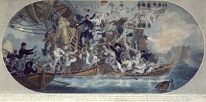 Bordingen og erobringen af Hans Majestæts sene skib, Hermione (nu Retribution) 25. oktober 1799, indgraveret af Roffe (farvet radering) af (after) Elms