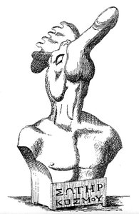 Oldgræsk eller hellenistisk bronzeskulptur, der forestiller en menneskelig torso med en hane og fallus for hovedet og græsk inskription 