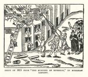 Print fra 1613 fra "The Burning of Tiverton" i Bodleian Library (litho) af (after) English School
