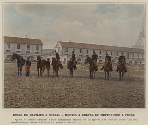 Rytterskolen til hest, ridning og afstigning (farvet foto) af (after) French Photographer