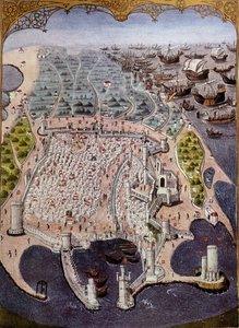 Angreb af østlige skibe mod Rhodos i 1482 - efter miniature. af (after) French School