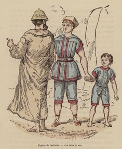 Familie ved havet om efteråret (koloreret stik) af (after) French School