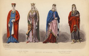 Mode i Frankrig: Capetianske dragter 1100 til 1364; Carlovingiske dragter 9. og 10. århundrede (koloreret gravering) af (after) French School