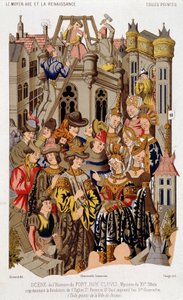 Scene af Fort Roy de Clovis historie. Mysteriet fra det 15. århundrede, der repræsenterer grundlaget for kirken St. Peter og St. Paul, i dag Saint Genevieve. (fra) Malet lærred af byen Reims.