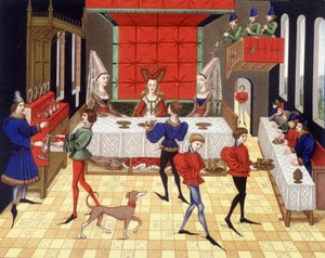 Bordservering i en chatelaine - faksimile af en miniature af Renaud de Montaubans romerske af (after) French School