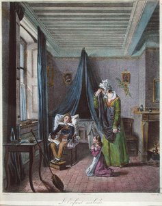 Det syge barn, ca. 1820 (farve litho) af (after) Genot