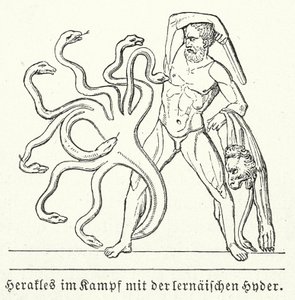 Herakles kæmper mod den lernæiske hydra (kobberstik) af (after) German School