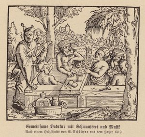 Blandet spa-badning med fest og musik (træsnit) af (after) German School