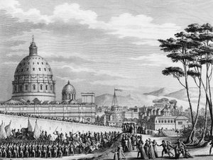 Fransk revolution: Franskmændenes triumferende indtog i Rom i Italien i februar 1798 ledet af general Louis Alexandre (Louis-Alexandre) Berthier, der invaderede pontificalstaterne og erobrede byen Rom den 11. februar